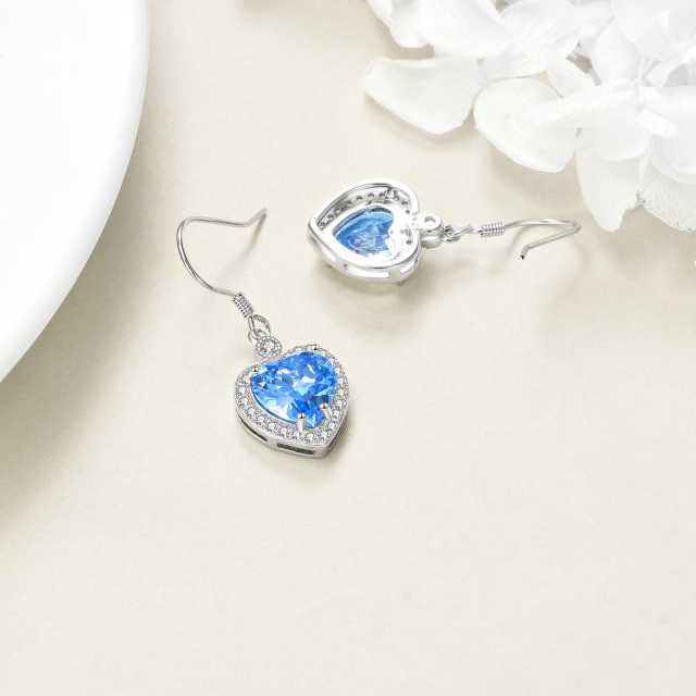 Sterling Silver Blue Cubic Zirconia Heart Drop Earrings-4