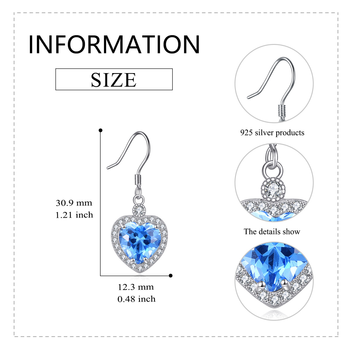 Sterling Silver Heart Shaped Cubic Zirconia Heart Drop Earrings-5