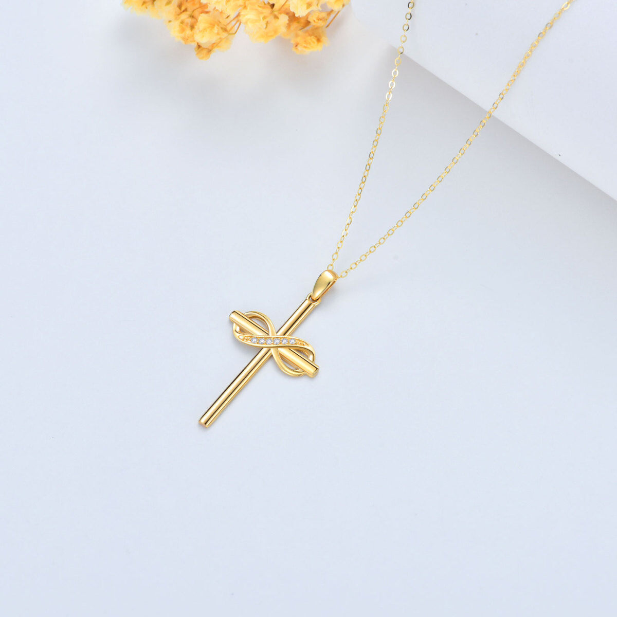 14K Gold Diamant Kreuz & Unendlichkeit Symbol Anhänger Halskette-4