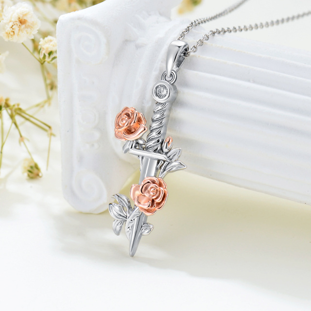 Collier en argent sterling avec pendentif rose en zircon cubique bicolore-2