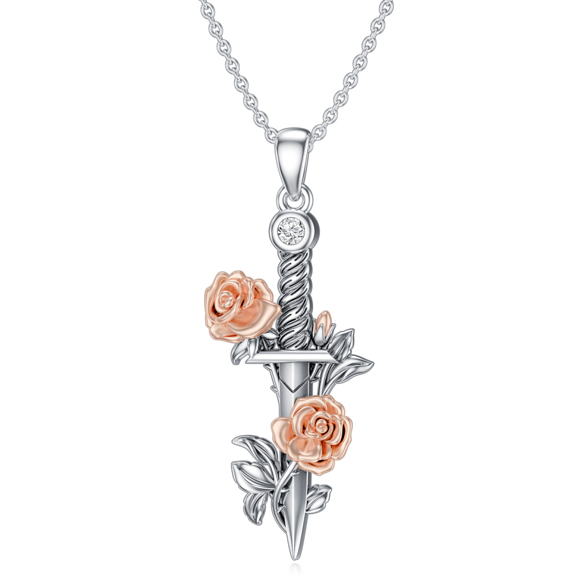 Sterling Silver Two-tone Cubic Zirconia Rose Pendant Necklace-1