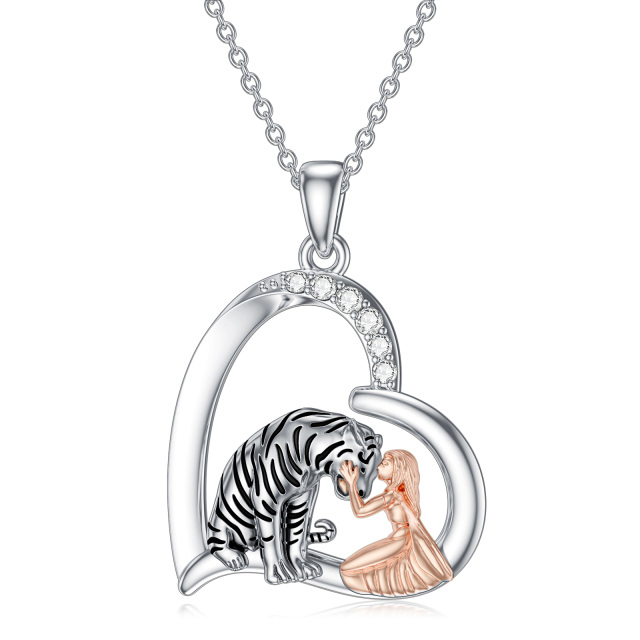 Sterling Silver Two-tone Cubic Zirconia Tiger & Heart Pendant Necklace-1