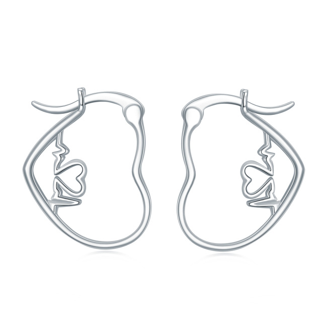 Sterling Silver Electrocardiogram & Heart Hoop Earrings-1