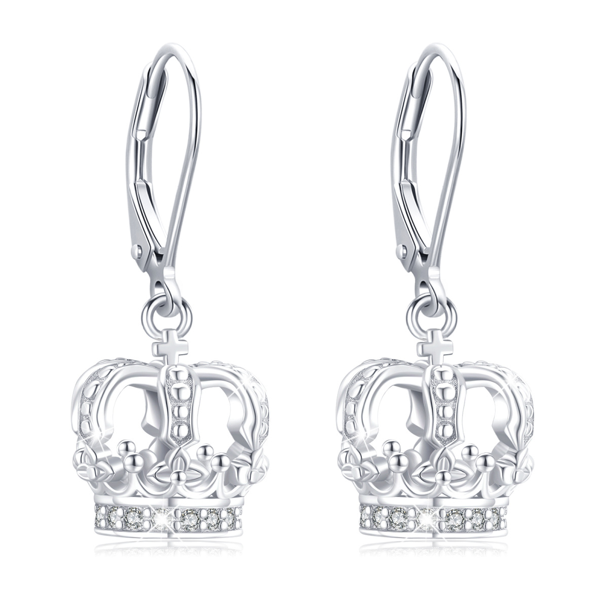 Sterling Silver Circular Shaped Cubic Zirconia Crown Lever-back Earrings-1