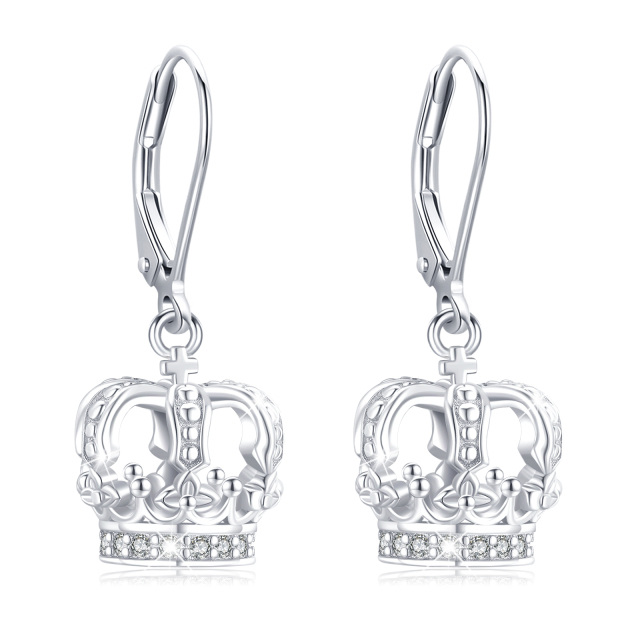 Sterling Silver Circular Shaped Cubic Zirconia Crown Lever-back Earrings-0