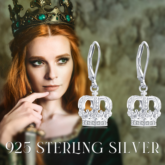 Sterling Silver Circular Shaped Cubic Zirconia Crown Lever-back Earrings-5