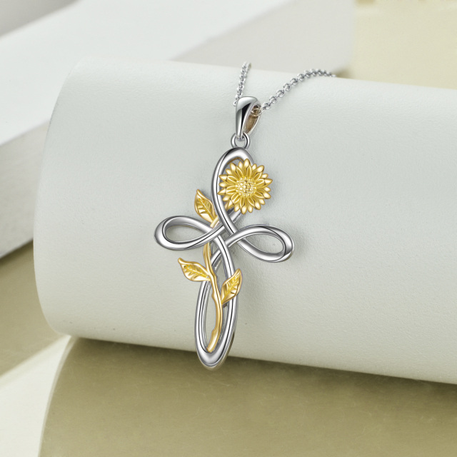 Sterling Silver Two-tone Heart Moissanite Sunflower & Celtic Knot Pendant Necklace-2