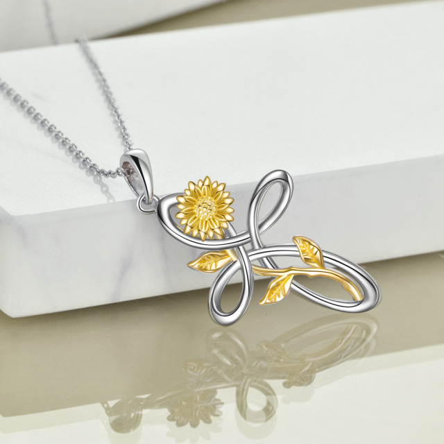 Sterling Silver Two-tone Heart Moissanite Sunflower & Celtic Knot Pendant Necklace-3