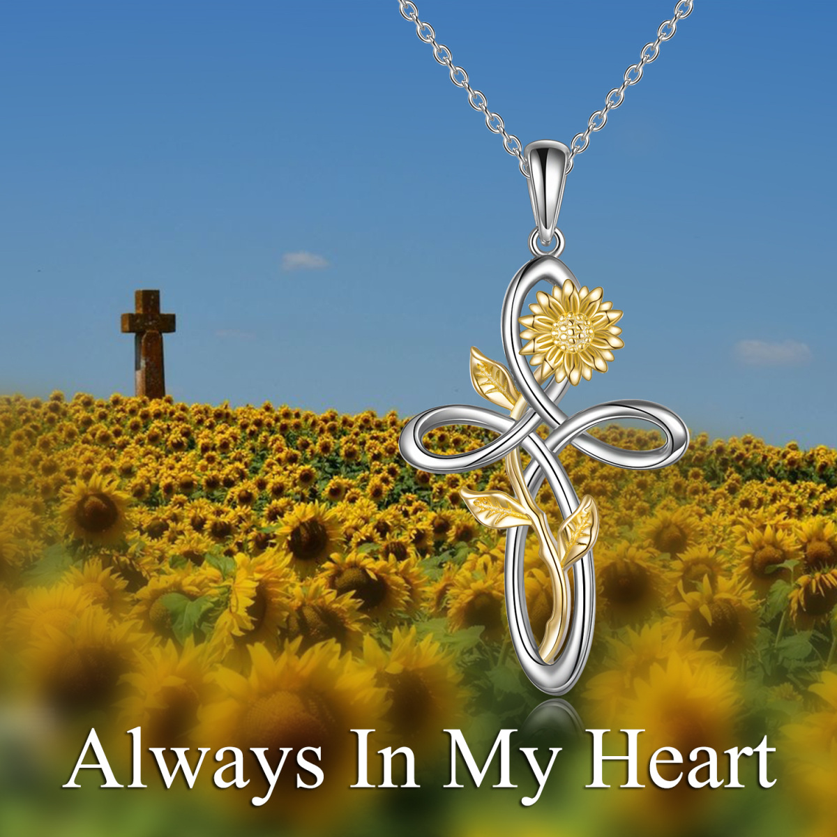 Sterling Silver Two-tone Heart Moissanite Sunflower & Celtic Knot Pendant Necklace-6