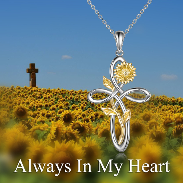Sterling Silver Two-tone Heart Moissanite Sunflower & Celtic Knot Pendant Necklace-5