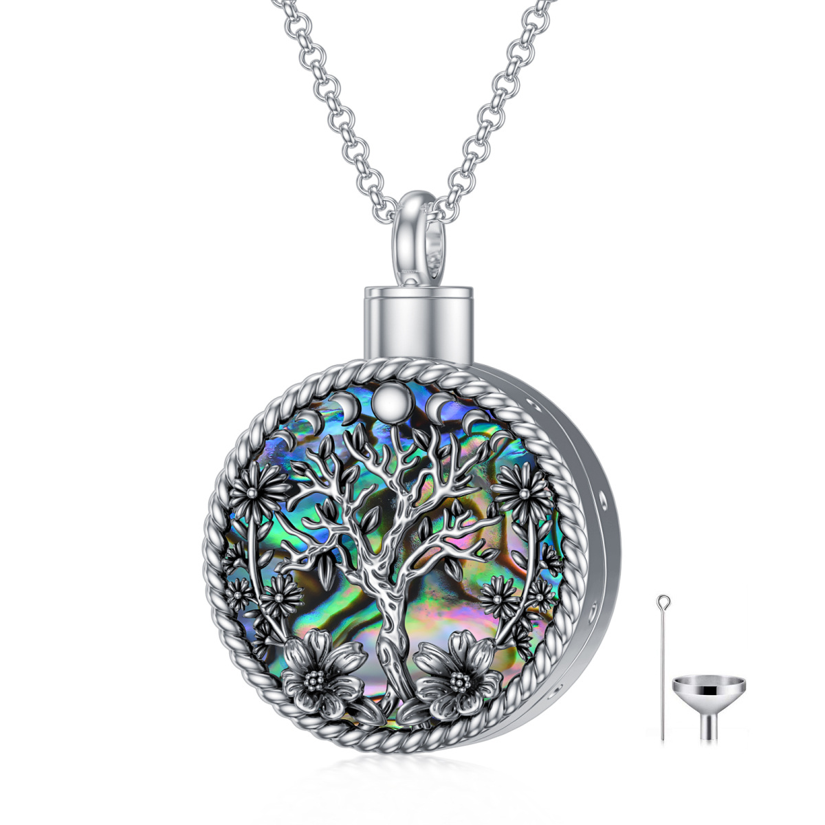 Plata de LeyAbalone Árbol de la Vida y Fases de la Luna Urna Collar para Cenizas-1