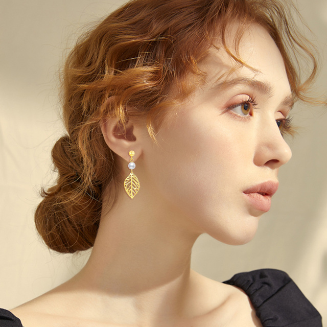 Perlen- und Blatt-Ohrringe für Damen 925 Sterling Silber-4