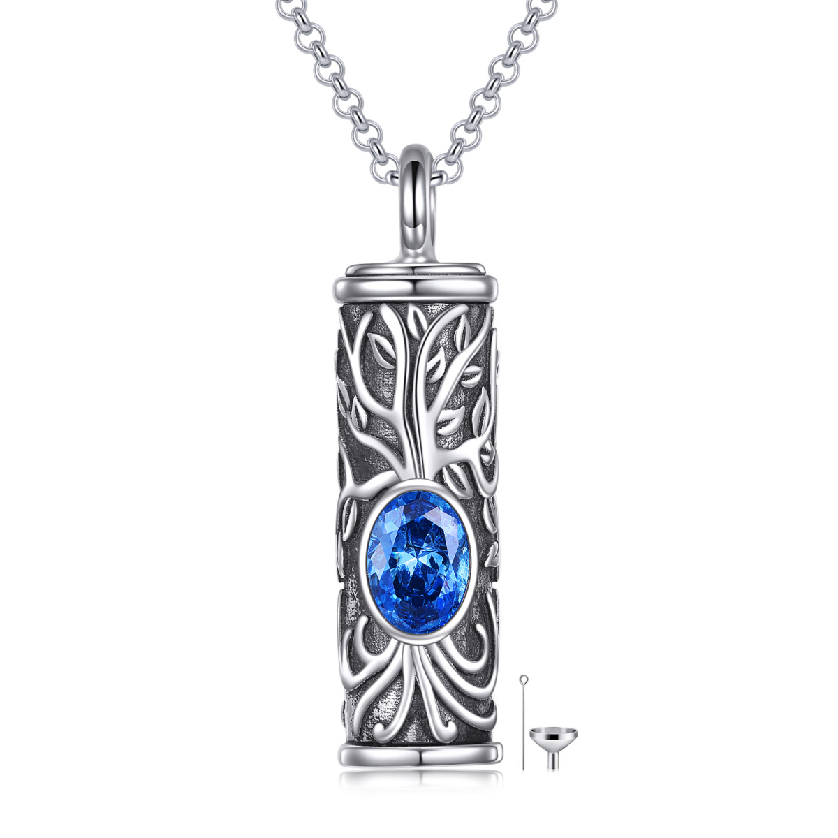 Collier en argent sterling pour cendres avec zirconium bleu et arbre de vie-1