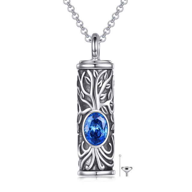 Sterling Silver Blue Zirconia Tree Of Life Urn Necklace for Ashes-0