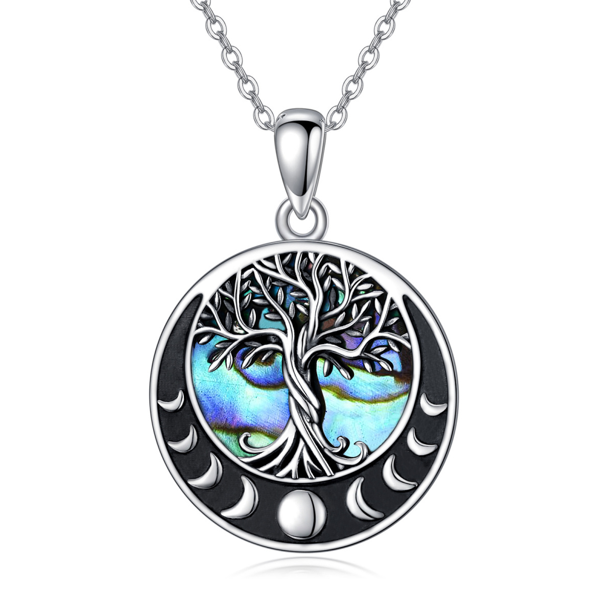 Sterling Silber Abalone Muscheln Baum des Lebens & Mond Anhänger Halskette-1