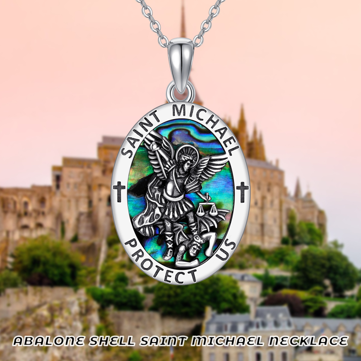 Sterling Silver Abalone Shellfish Saint Michael Pendant Necklace with Engraved Word-5