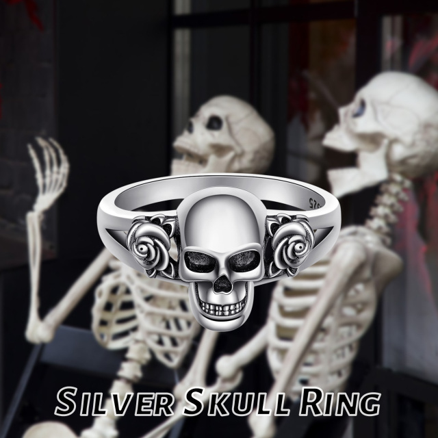 Skull Rings 925 Sterling Silver Gothic Skull Head with Rose Flower-4