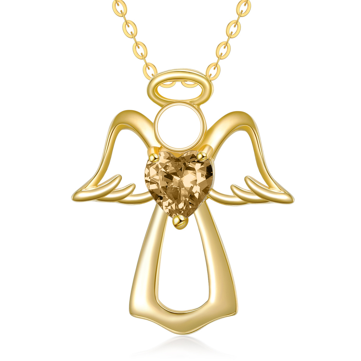 Collar Colgante Oro 14K Corazón Cristal Alas de Ángel y Corazón-1