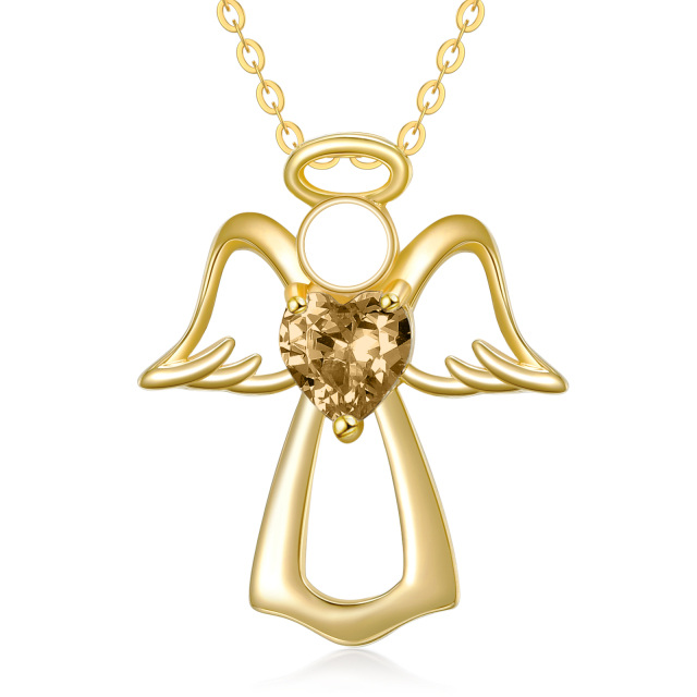 14K Gold Heart Crystal Angel Wing & Heart Pendant Necklace-0