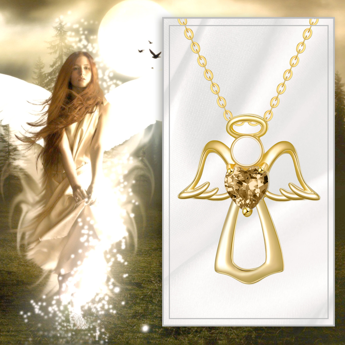 Collar Colgante Oro 14K Corazón Cristal Alas de Ángel y Corazón-6