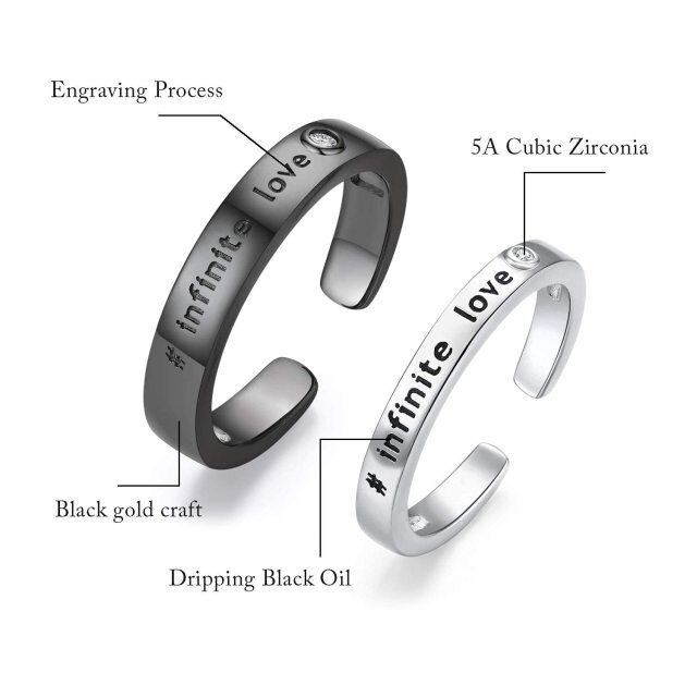 Sterling Silver with Black Color Plated Circular Shaped Cubic Zirconia Couple Couple Rings with Engraved Word-2