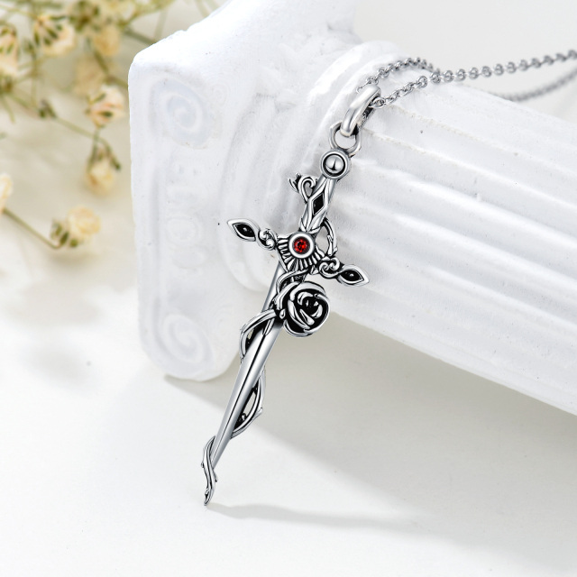 Sterling Silver Circular Shaped Cubic Zirconia Rose & Cross & Sword Pendant Necklace-2