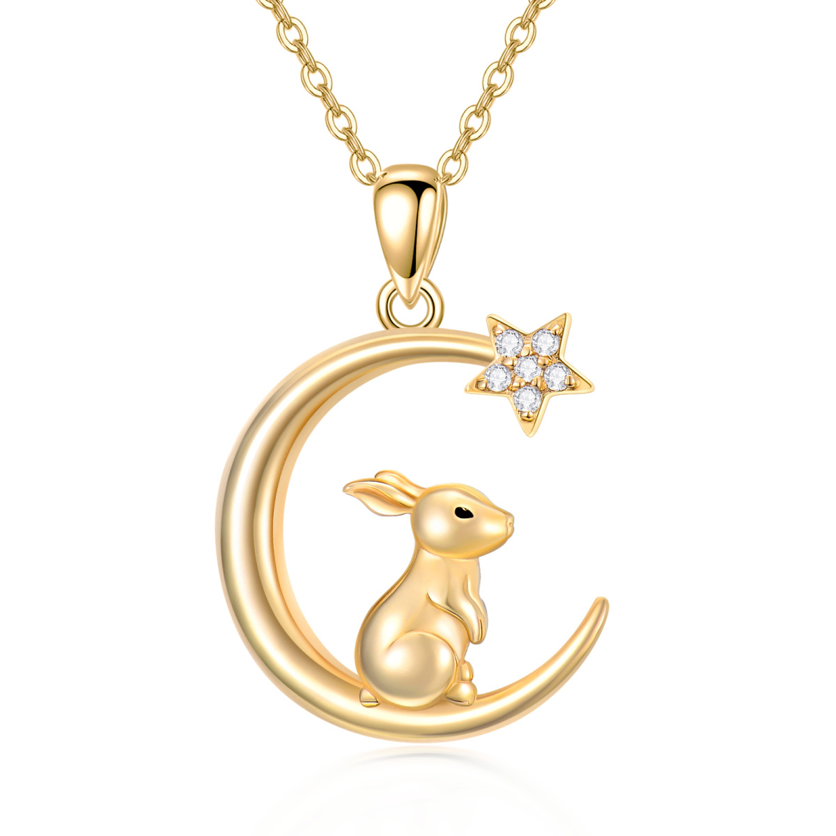 14K Gold Cubic Zirconia Rabbit & Moon & Star Pendant Necklace-1