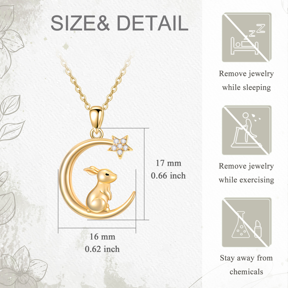 14K Gold Cubic Zirconia Rabbit & Moon & Star Pendant Necklace-5