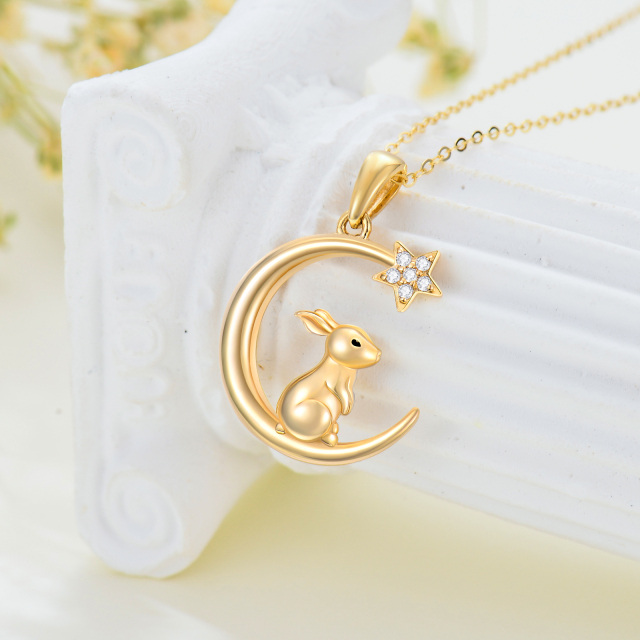 14K Gold Cubic Zirconia Rabbit & Moon & Star Pendant Necklace-2