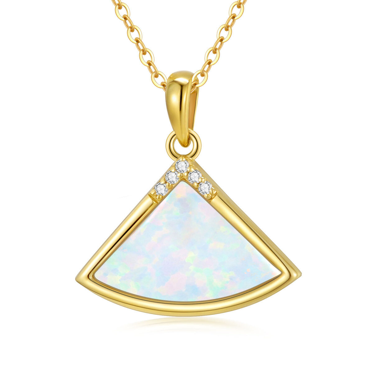 14K Gold Circular Shaped Diamond & Opal Sector Pendant Necklace-1