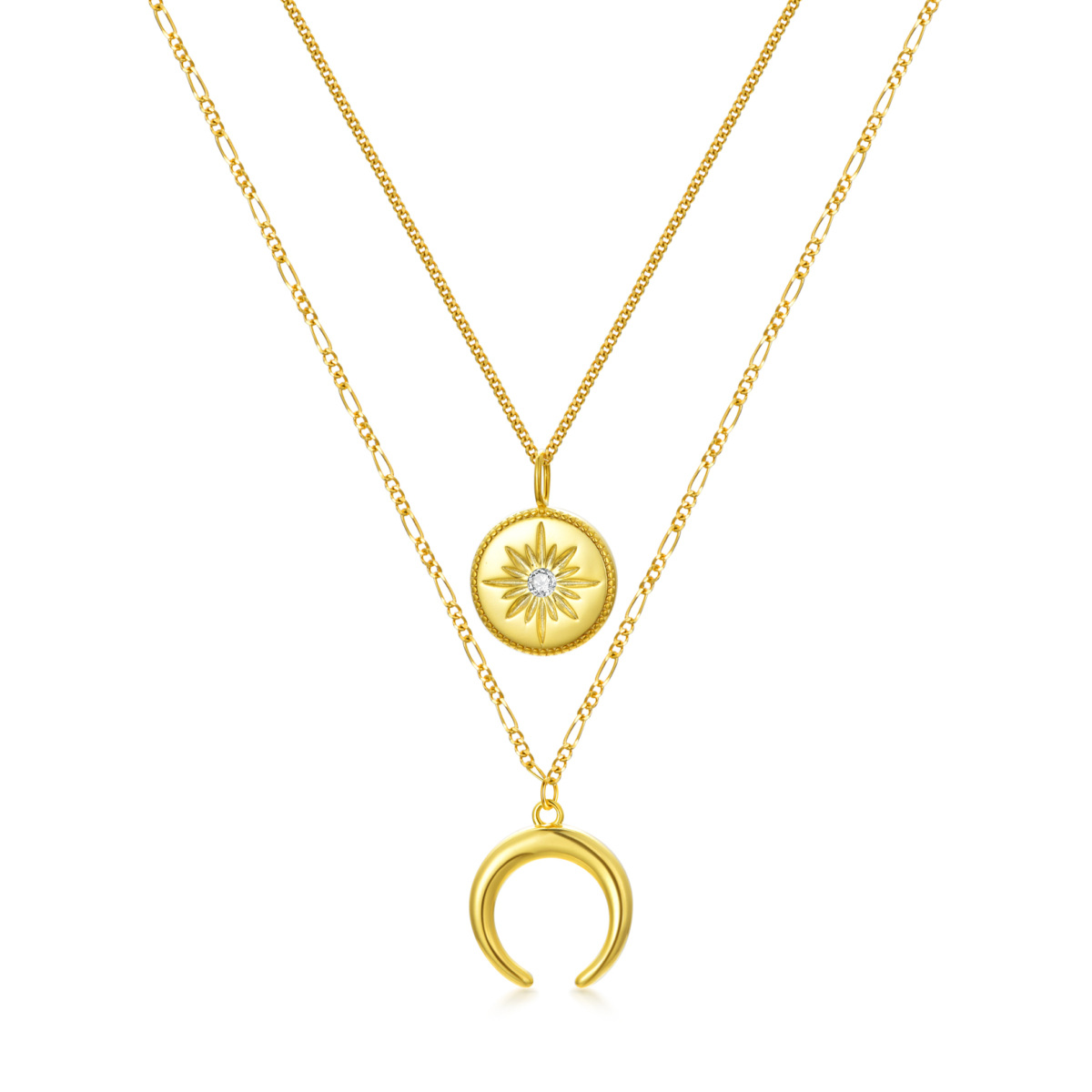 Sterling Silver with Yellow Gold Plated Round Cubic Zirconia Moon & Sun Layered Necklace-1