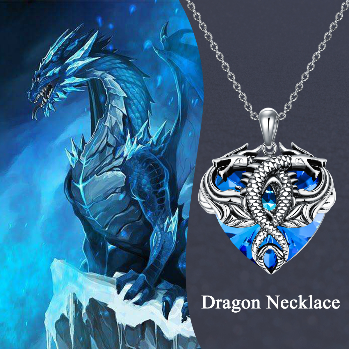 Sterling Silver Dragon Blue Heart Shaped Crystal Pendant Necklace-6