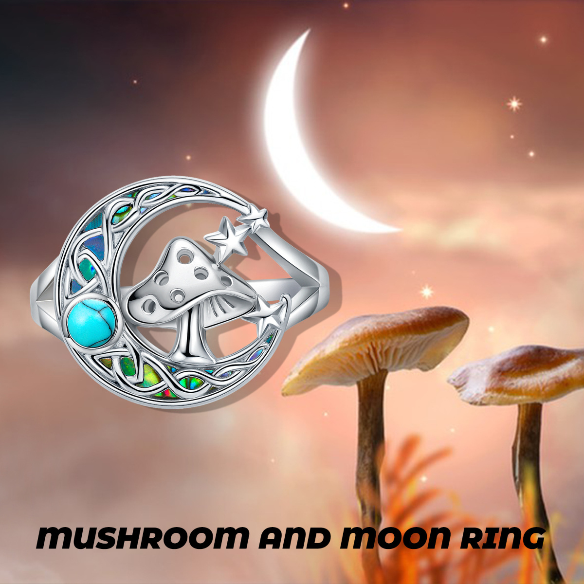 Sterling Silver Abalone Shellfish & Turquoise Mushroom & Celtic Knot & Moon & Star Ring-6