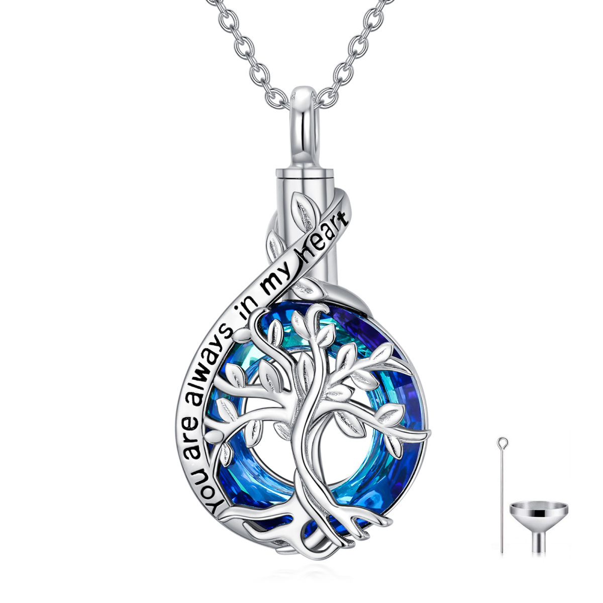 Sterling Silver Blue Crystal Tree Of Life Urn Necklace for Ashes with Engraved Word-1