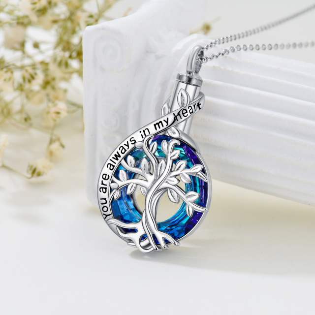 Sterling Silver Blue Crystal Tree Of Life Urn Necklace for Ashes with Engraved Word-3