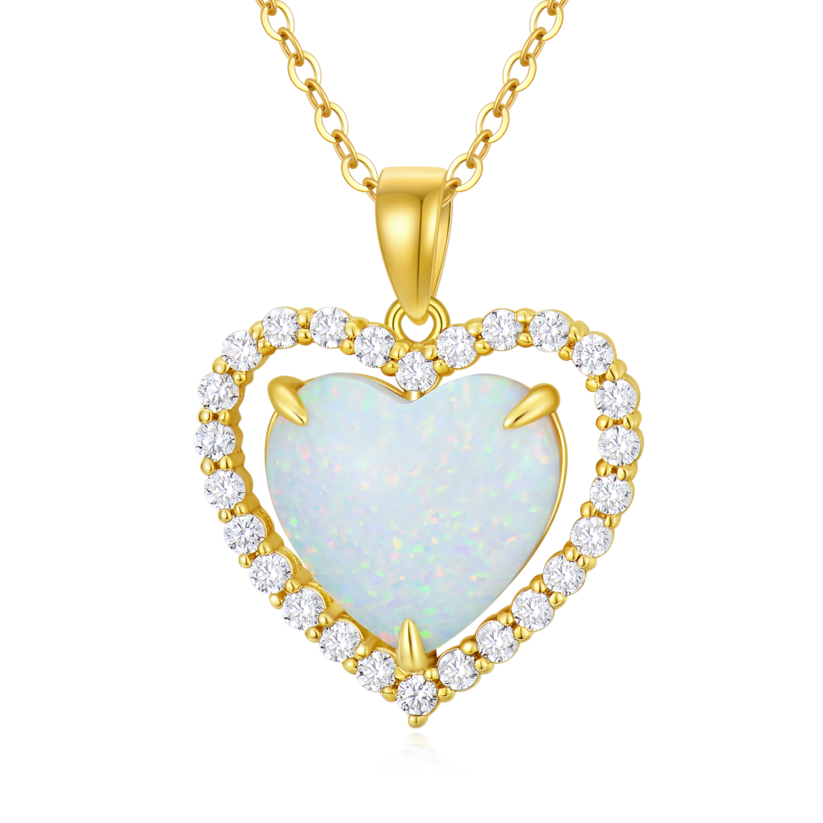 14K Gold Cubic Zirconia & Opal Heart Pendant Necklace-1