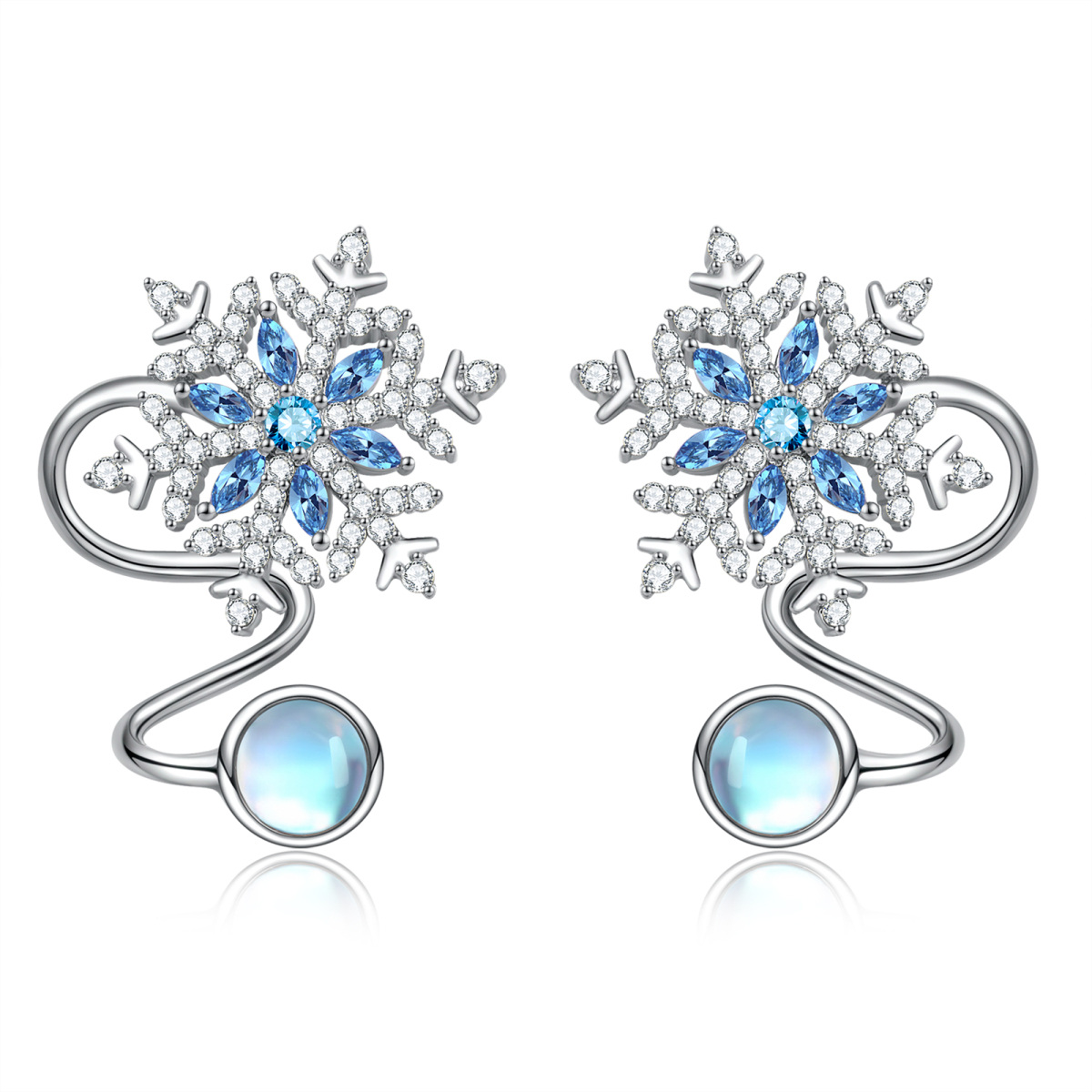 Sterling Silver Circular Shaped & Marquise Shaped Moonstone & Cubic Zirconia Snowflake Climber Earrings-1