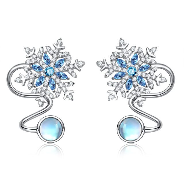 Sterling Silver Circular Shaped & Marquise Shaped Moonstone & Cubic Zirconia Snowflake Climber Earrings-0