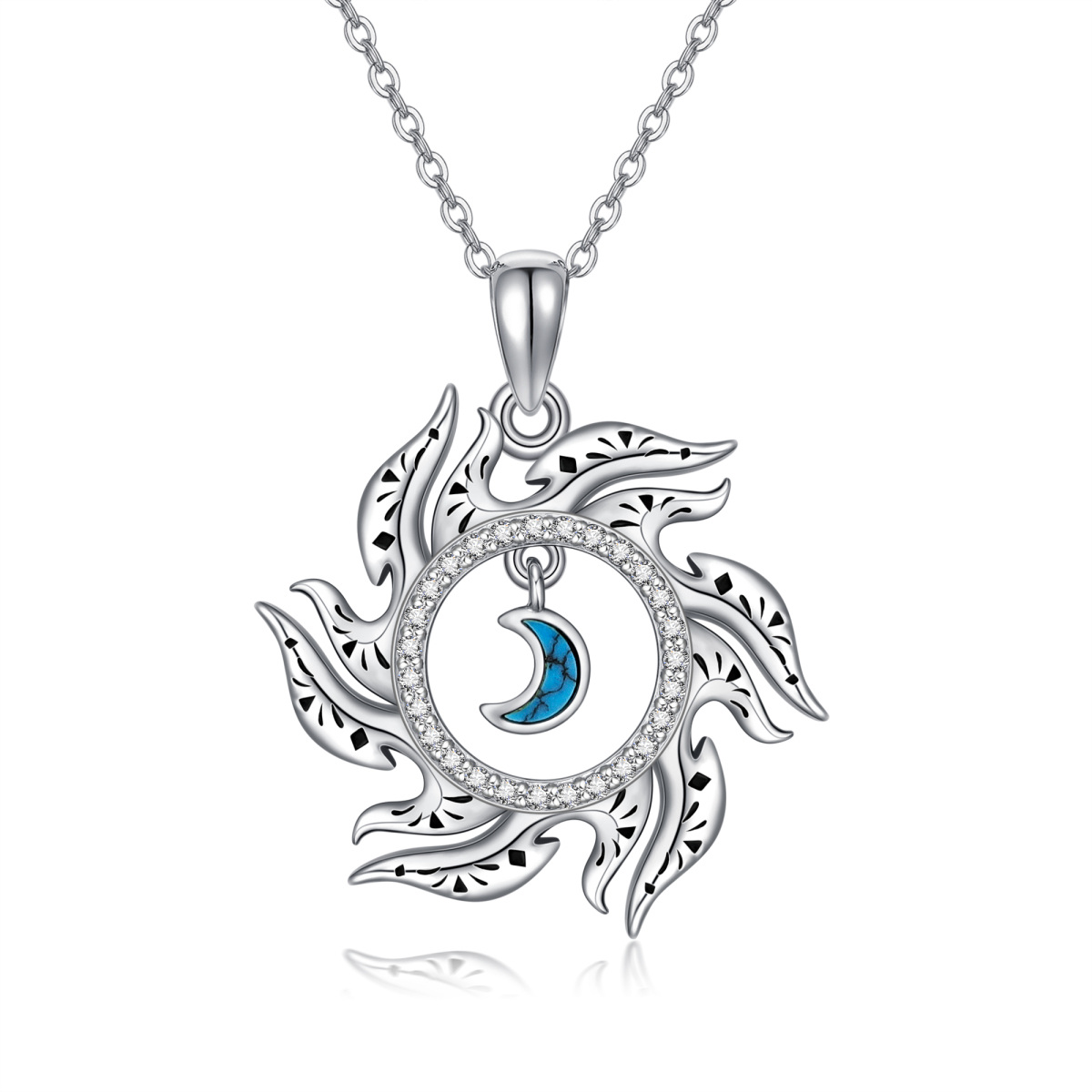 Sterling Silver Turquoise Moon & Sun Pendant Necklace-1