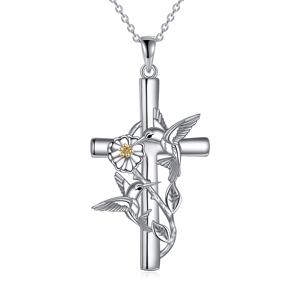 Sterling Silver Two-tone Hummingbird & Cross Pendant Necklace-1