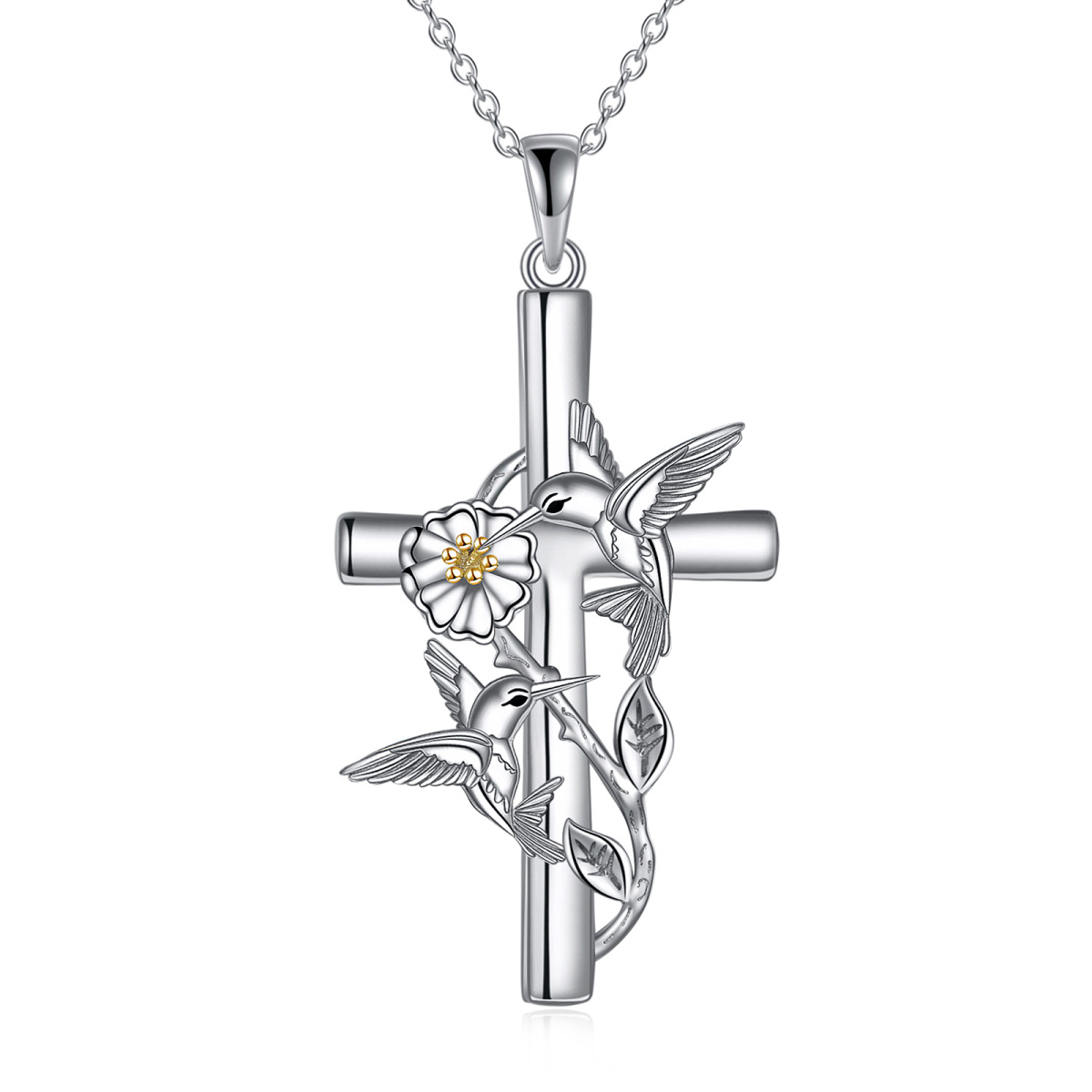 Collier en argent sterling avec pendentif colibri et croix bicolore-1