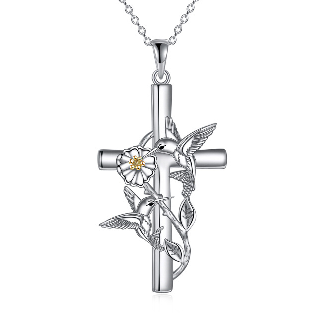 Sterling Silver Two-tone Hummingbird & Cross Pendant Necklace-0