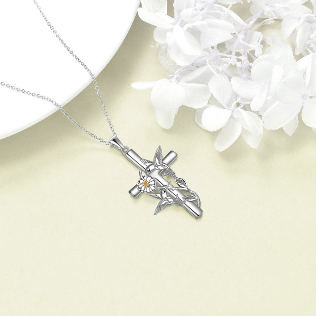 Sterling Silver Two-tone Hummingbird & Cross Pendant Necklace-3