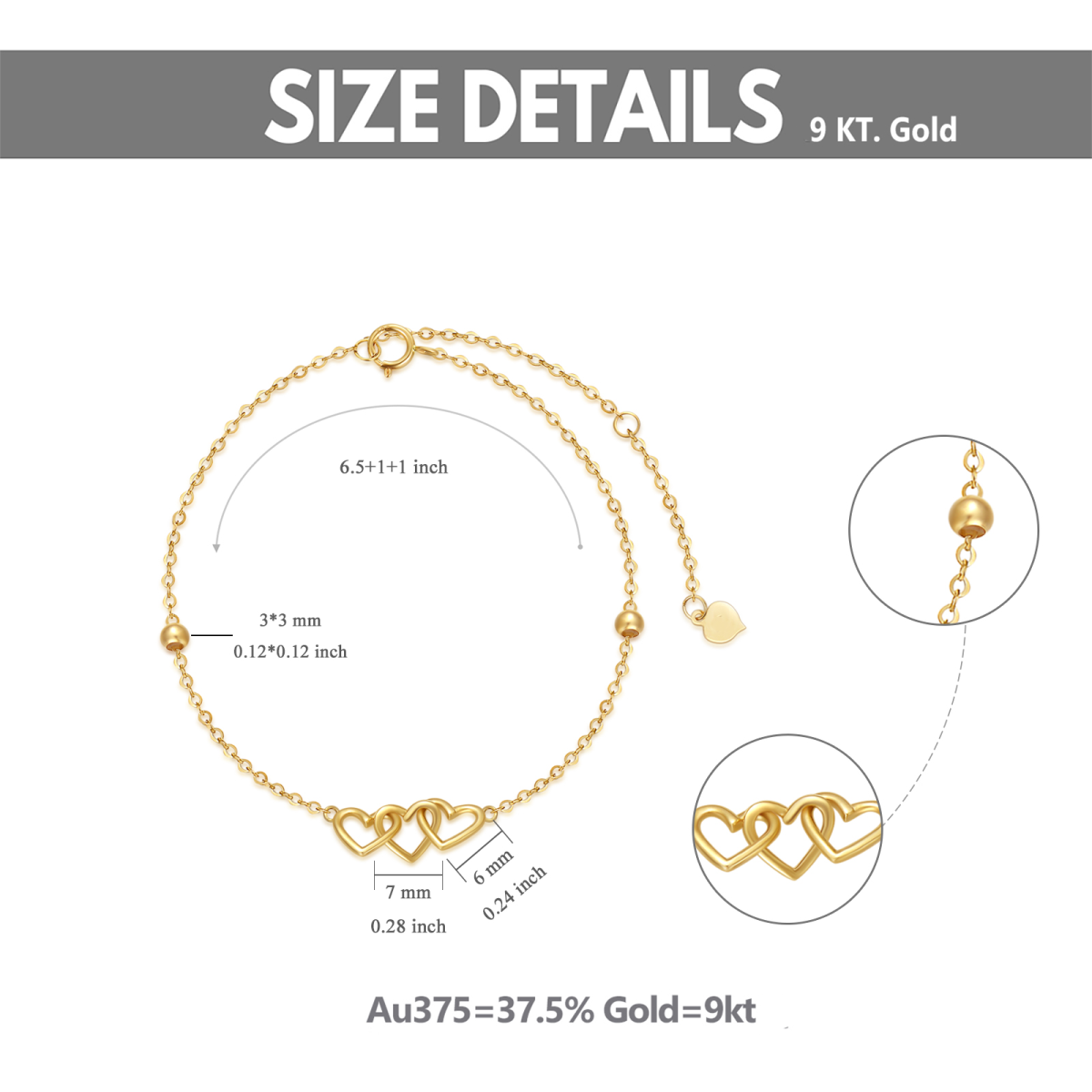 9K Gold Bead & Heart With Heart Pendant Bracelet-6