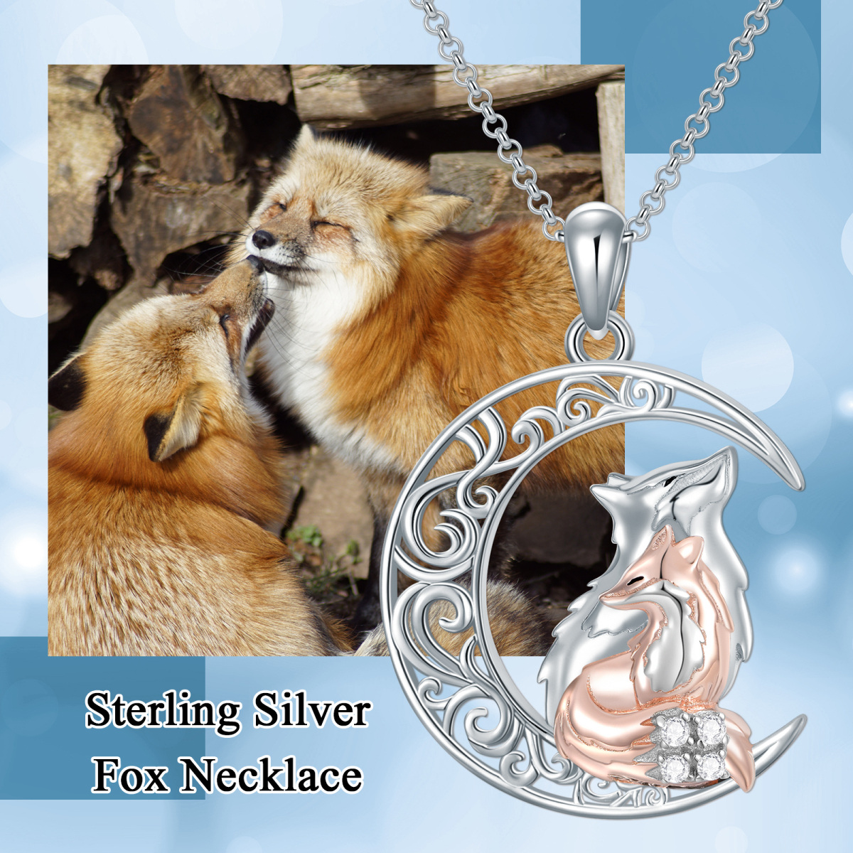Sterling Silber zweifarbiger Fuchs & Mond Anhänger Halskette-6
