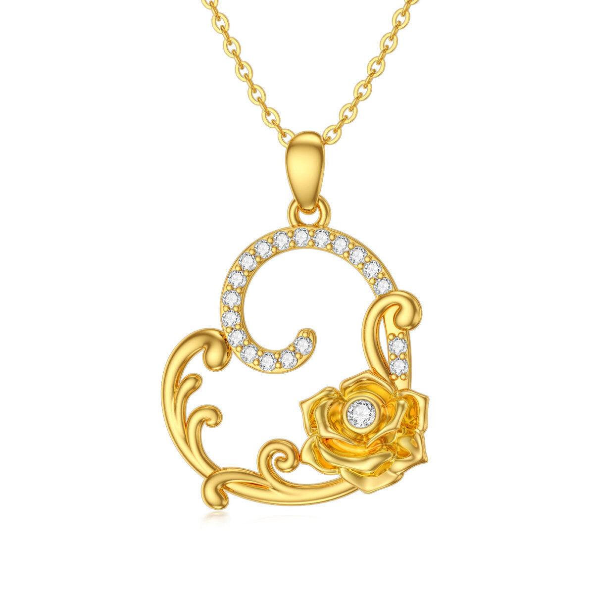 14K Gold Cubic Zirconia Rose Pendant Necklace-1