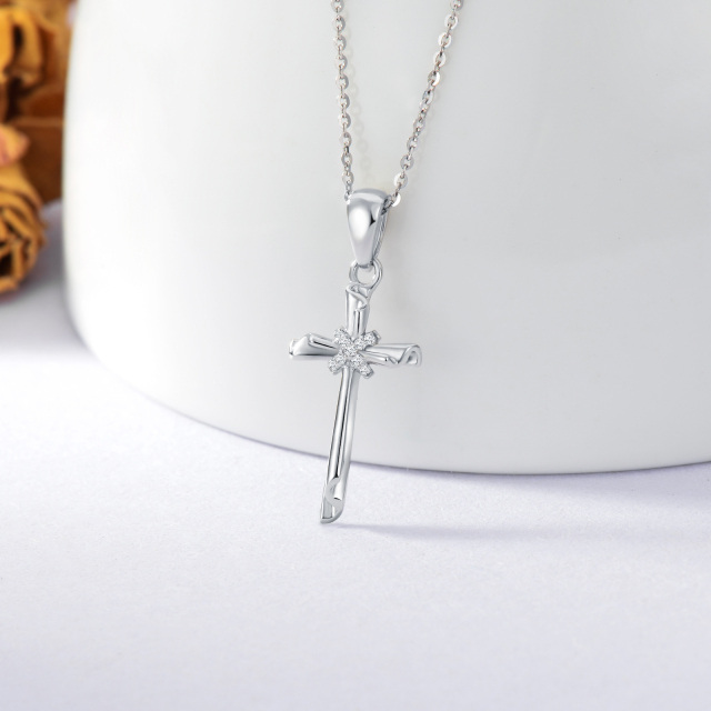 Sterling Silver 5A Grade Austria Zircon Cross Pendant Necklace-2
