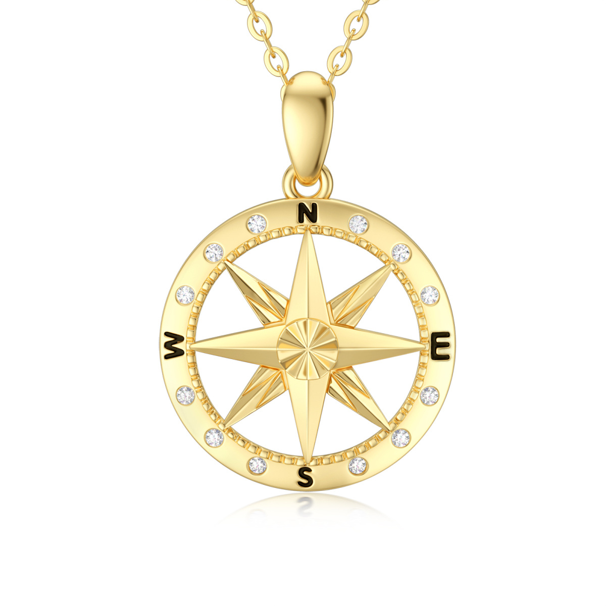 14K Gold Cubic Zirconia Diamond Cut Compass Pendant Necklace-1