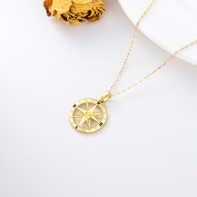 14K Gold Cubic Zirconia Diamond Cut Compass Pendant Necklace-3