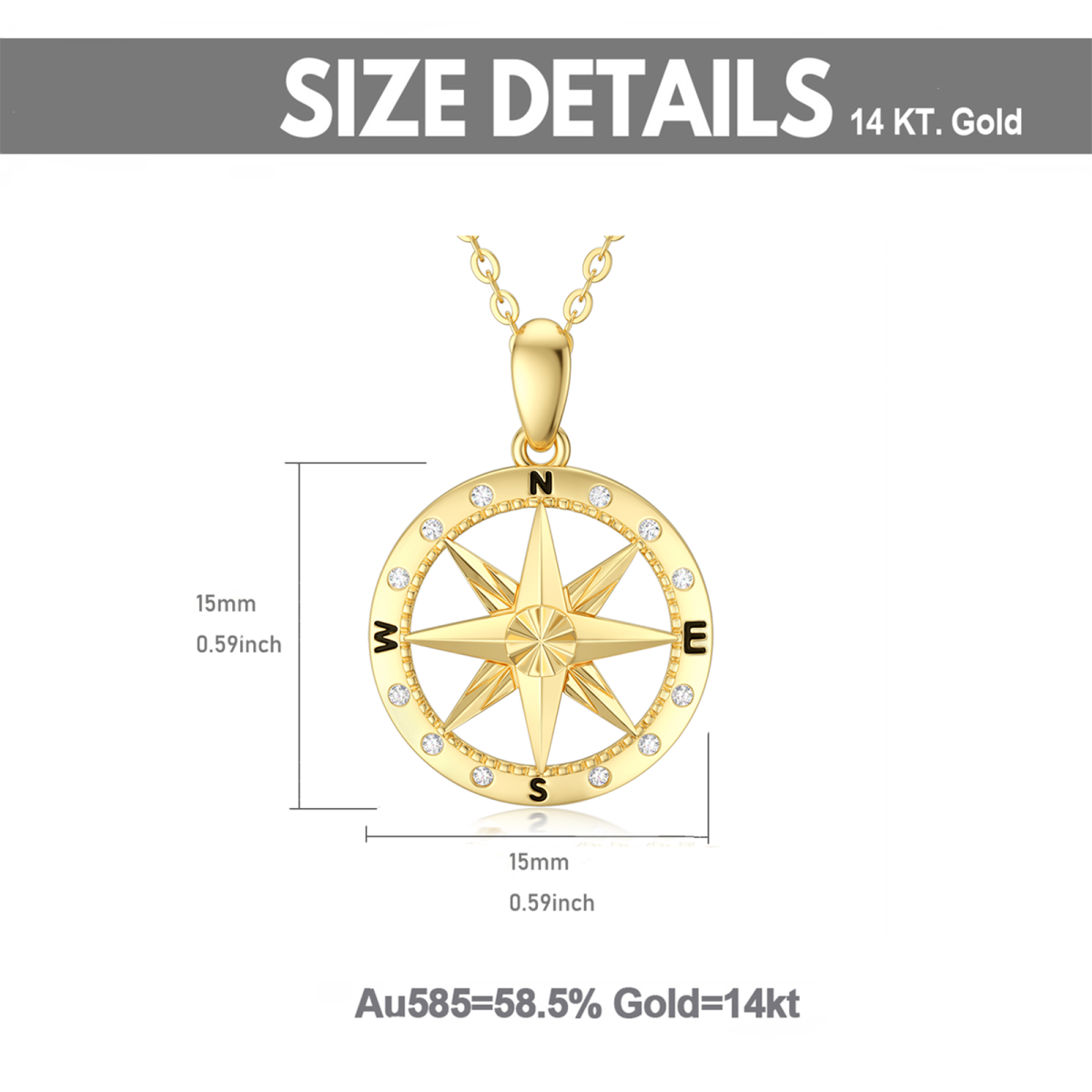 14K Gold Cubic Zirconia Diamond Cut Compass Pendant Necklace-6